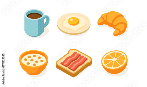 Isometric breakfast set: coffee, croissant, egg, cereal, toast, orange