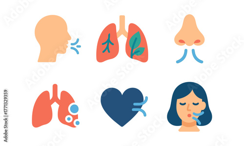 Flat style icons of human respiratory system and functions