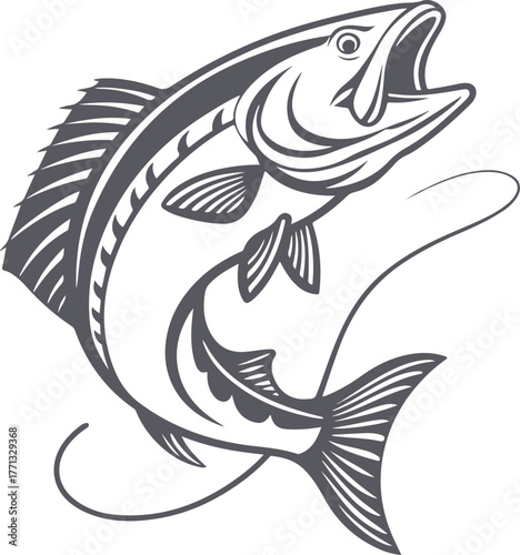 Vector illustration of a black fish tattoo design, a silhouette symbol for fishing and sea wildlife