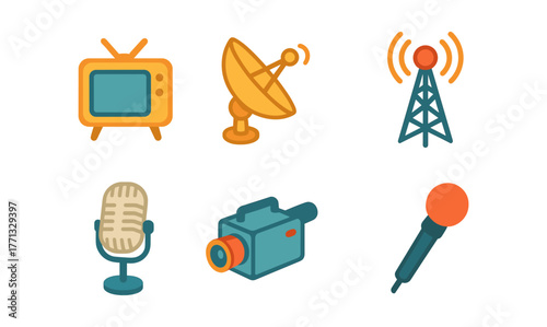 Colorful media icons: television, satellite, antenna, microphone, and camera set