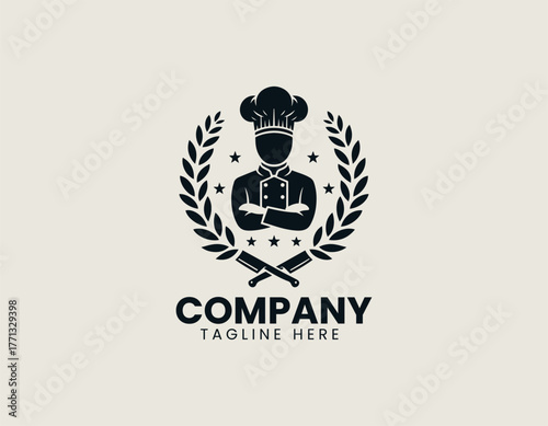 Chef uniform with crossed knives and laurel wreath in elegant black vector logo design illustration