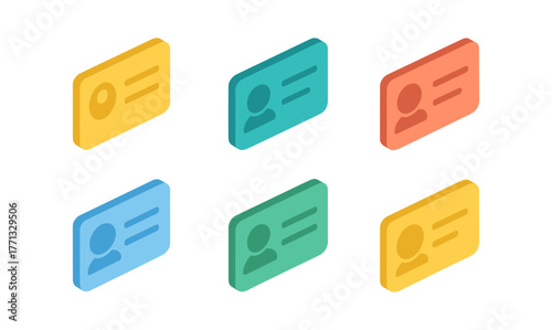 Minimalist isometric id cards in various colors on white background
