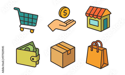 E-commerce icons set featuring shopping cart, wallet, package, and storefront in flat style