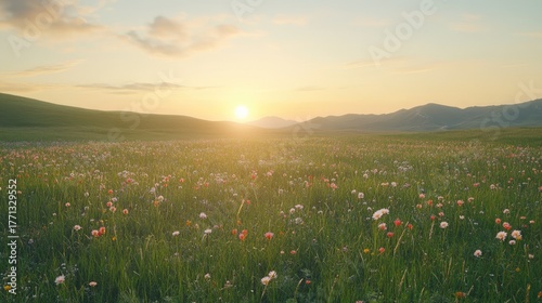 Fototapeta Naklejka Na Ścianę i Meble -  Golden sunrise over a vast meadow filled with blooming wildflowers