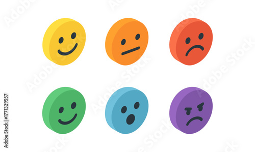 Colorful isometric emoji faces in various expressions for digital communication
