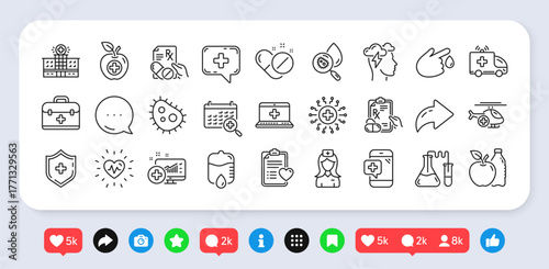 Medical rx line icons. Social media: share, comment, like icons. Ambulance, Hospital assistance, Health food diet, Laboratory tubes icons. First aid kit, Medical doctor, Prescription Rx recipe. Vector