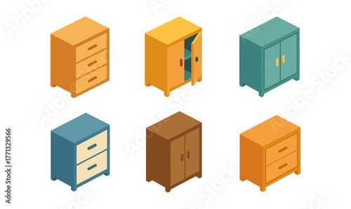 Colorful isometric cabinets and drawers collection for interior design