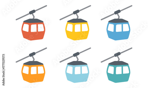 Colorful cable cars: flat style icons of aerial trams in various shades
