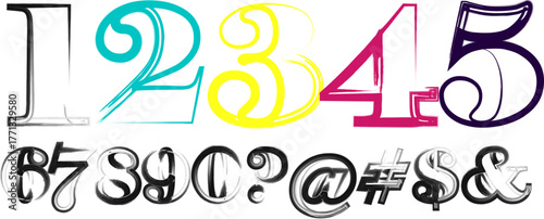 Grunge style colorful numbers and symbols vector illustration with variations