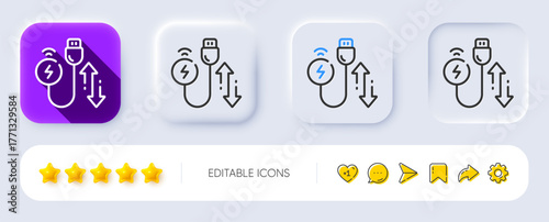 Charging cable line icon. Neumorphic, Flat shadow, 3d buttons. Mobile accessories sign. Charge adapter symbol. Line charging cable icon. Social media icons. Vector