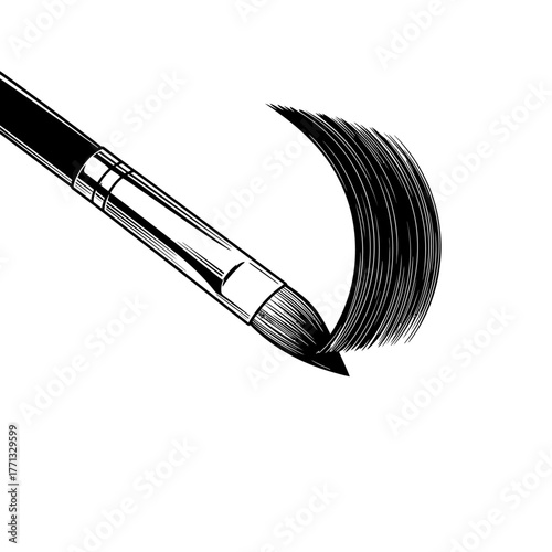 A stylish black and white illustration depicts a paintbrush creating a dynamic, sweeping stroke, symbolizing artistic expression and creative endeavors.
