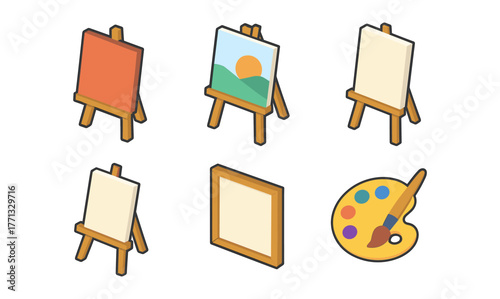 Creative isometric art easels and tools set for design projects