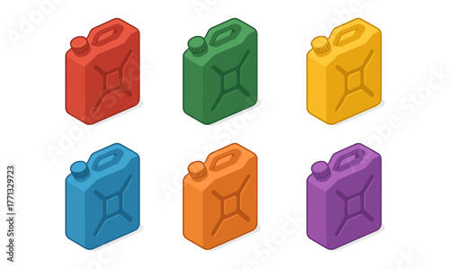 Colorful isometric fuel cans set on white background