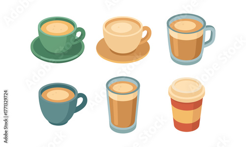 Isometric coffee mug collection: set of six stylish hot beverage cups