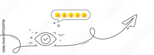 Biometric security scan line icon. Continuous line with share plane. Eye access sign. Private protection symbol. Five star rate review in speech bubble. Biometric eye single line ribbon. Vector
