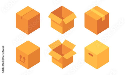 Collection of isometric cardboard boxes: open, closed, and sealed variations