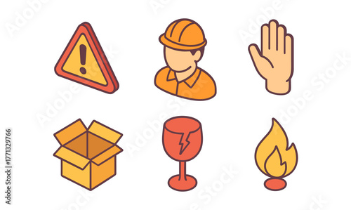Safety and hazard icons set featuring worker, warning, and protective symbols