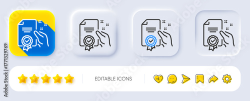Certificate line icon. Neumorphic, Flat shadow, 3d buttons. High quality or Guarantee sign. Verified document symbol. Line certificate icon. Social media icons. Vector