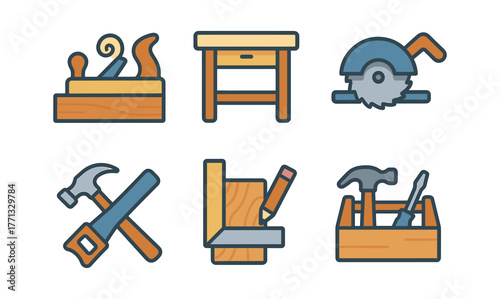 Flat design woodworking icons set featuring tools and equipment