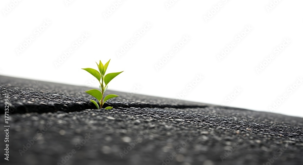 Naklejka premium Small green plant growing through a crack in dark asphalt road, symbolizing resilience and new life.