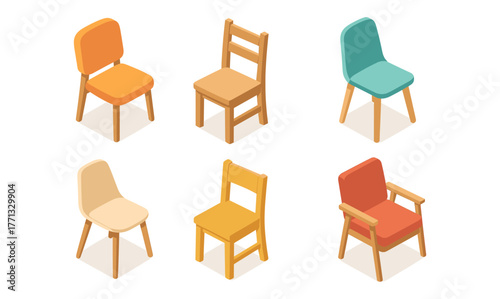 Colorful isometric chairs set: modern design in assorted styles and hues