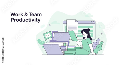 Illustration Of Office Worker Analyzing Data During Teamwork and Information Processing