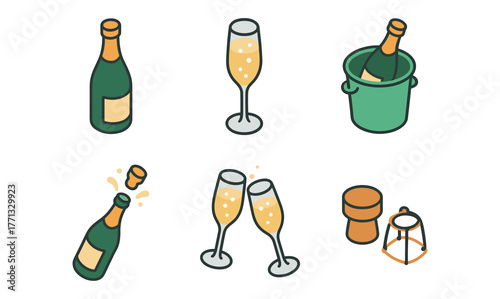 Isometric champagne icons set with bottles, glasses, and corks