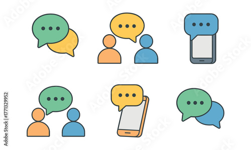 Colorful communication icons featuring speech bubbles and chat symbols