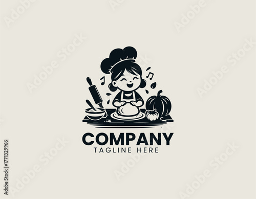 Cute cartoon girl chef kneading dough on table with flour bowl and rolling pin black vector logo design illustration