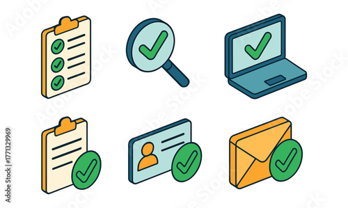 Hand drawn style office icons featuring check marks for business documentation and communication