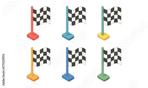 Colorful checkered flags on poles in isometric style