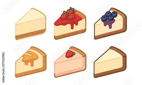 Assorted cheesecake slices with fruity toppings in flat style