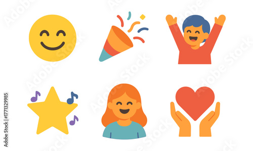 Colorful emoji collection: faces, shapes, and celebrations