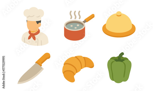 Culinary icons: chef, cooking pot, cloche, knife, croissant, and bell pepper in flat design