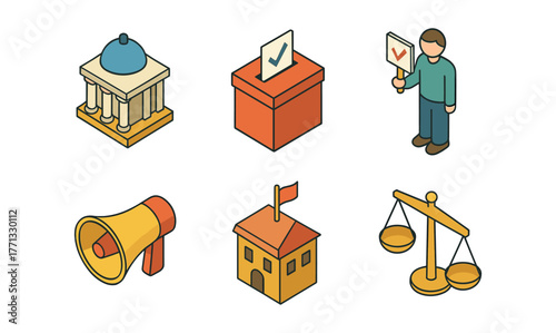 Democracy symbols in colorful isometric design featuring vote and government