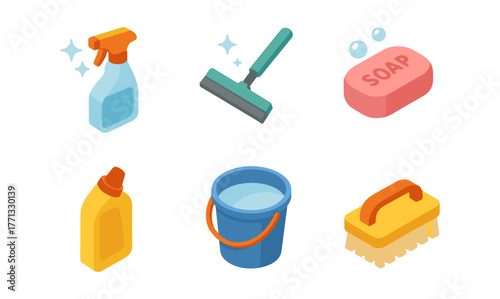 Colorful isometric cleaning tools icons for household chores and sanitation