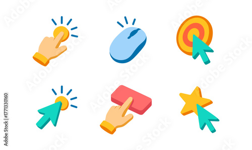 Colorful isometric icons of hand and mouse interaction with buttons and targets