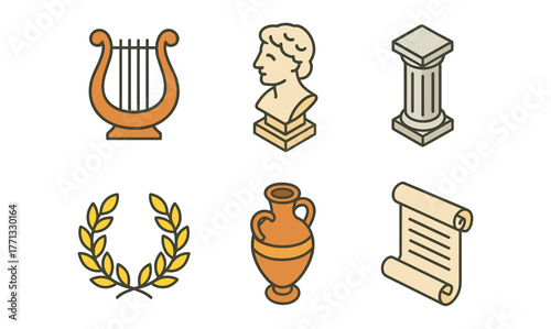 Classical greek artifacts set with musical instrument and ancient symbols