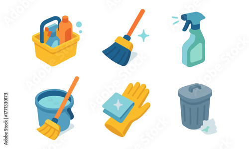 Isometric cleaning tools set with broom, spray bottle, gloves, and trash can