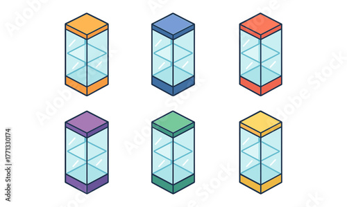 Colorful isometric glass display cases on white background