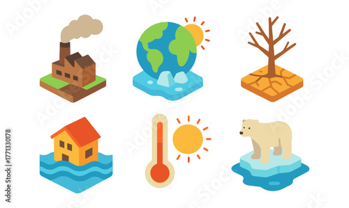 Isometric climate change icons: global warming, pollution, and environmental impact