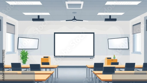 A modern living room interior design with a flat screen TV on the wall and a table with chairs