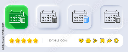 Calendar with calculator line icon. Neumorphic, Flat shadow, 3d buttons. Accounting sign. Calculate finance symbol. Line calendar icon. Social media icons. Vector