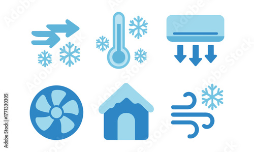 Cool climate icons: thermostat, air conditioning, fan, winter, temperature control symbols