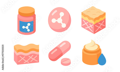 Colorful isometric skincare and supplement icons with molecules and capsules