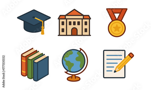 Colorful education icons: graduation cap, school building, medal, books, globe, writing