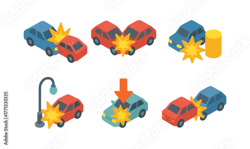 Isometric car collision icons with various crash scenarios for infographics