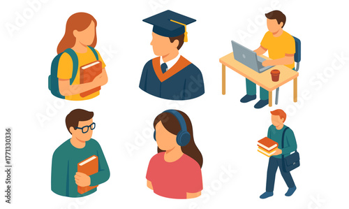 Isometric college life scene with students, graduation, and studying
