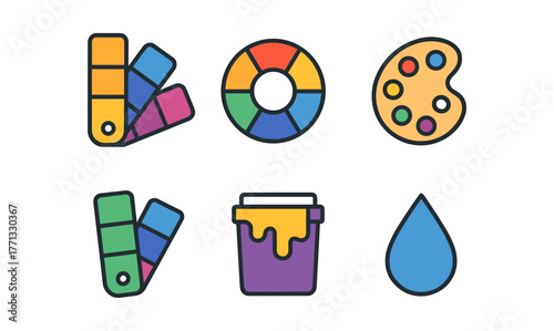 Colorful design tools and icons featuring swatches, palette, and paint elements in flat style