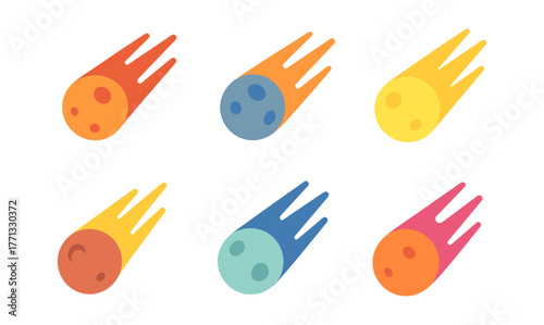 Colorful flat style meteor icons set with variations and unique designs